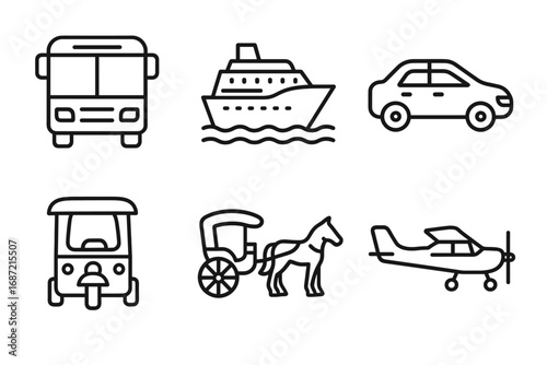 Vector icons of various transportation modes including bus, car, plane, boat, rickshaw, and horse cart