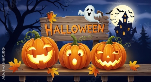 Three carved pumpkins with halloween sign and haunted house under a full moon