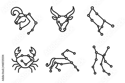 Zodiac constellations: capricorn, taurus, virgo, cancer, sagittarius, gemini symbols