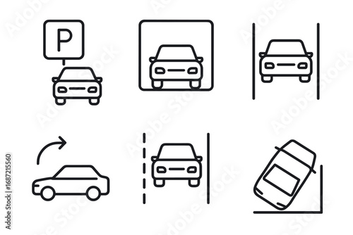 Simple car parking icons set featuring various parking scenarios
