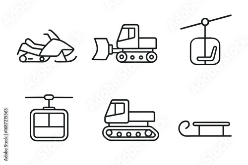 Winter transport icons: snowmobile, bulldozer, cable car, chairlift, sled line drawings