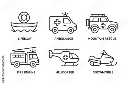 Rescue vehicles icons: lifeboat, ambulance, mountain rescue, fire engine, helicopter, snowmobile