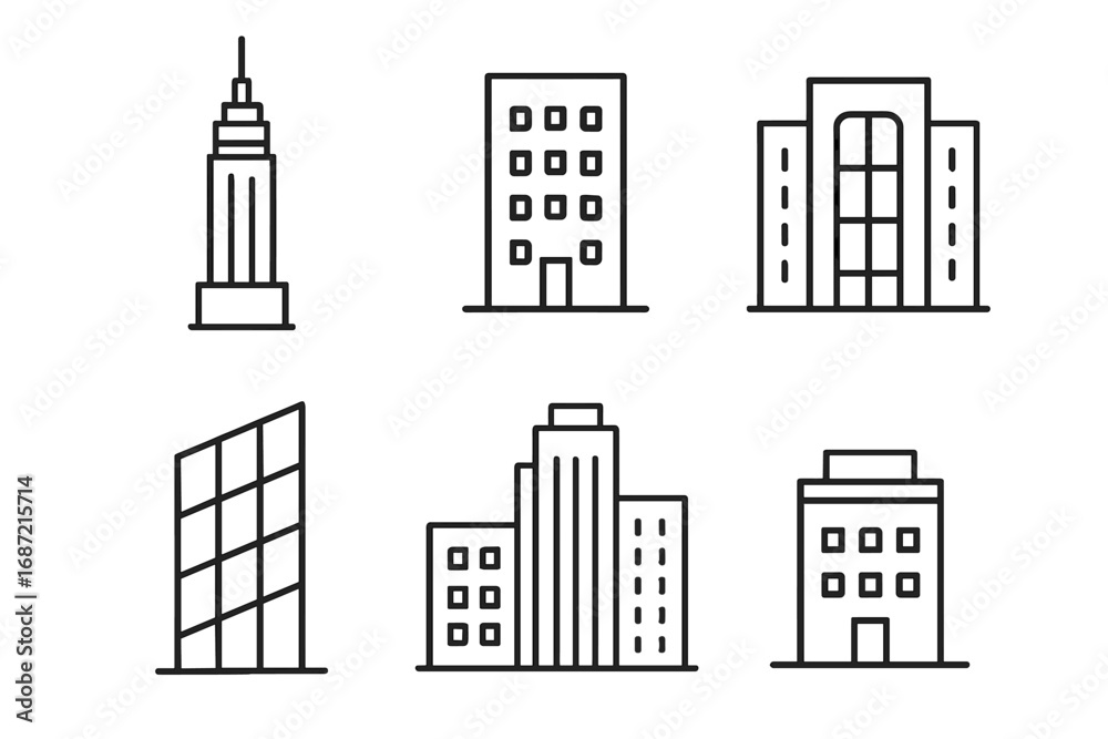 Fototapeta premium Simple line drawings of skyscrapers and buildings in various architectural styles