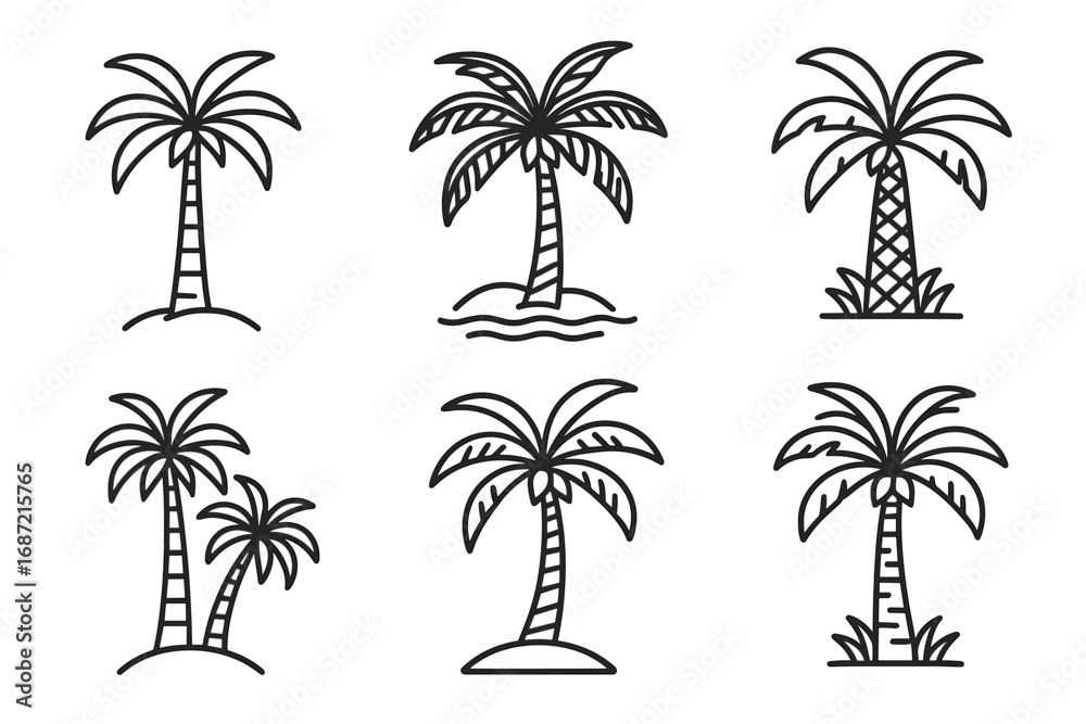 Fototapeta premium Set of six palm tree icons in black and white outline