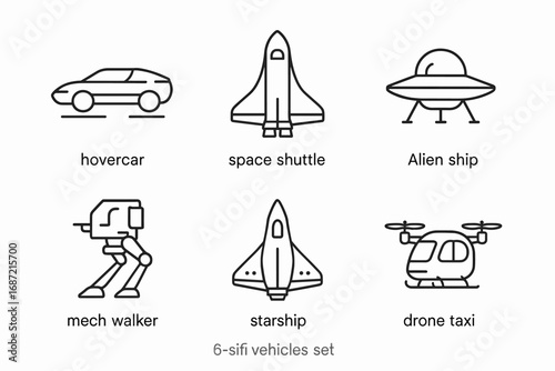 Futuristic vehicles line art: hovercar, space shuttle, alien ship, mech walker, starship, drone taxi