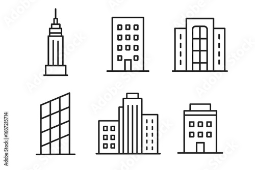 Simple line drawings of skyscrapers and buildings in various architectural styles