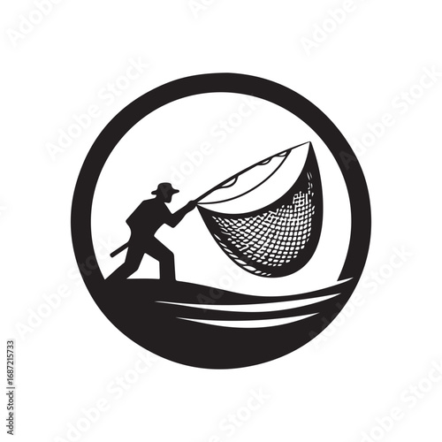 fisherman casting net vector silhouette clip art logo design illustraiton.