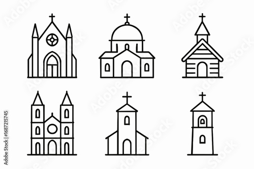 Minimalist line drawings of various church architecture styles