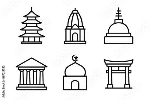 Icons of global religious and cultural architecture: pagoda, mandir, stupa, parthenon, mosque, torii