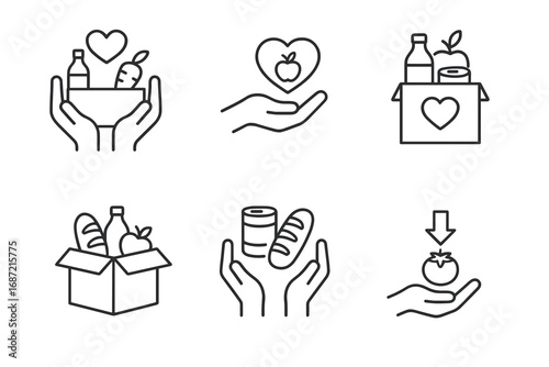 Food donation icons: hands holding boxes, heart with apple, bottles and vegetables