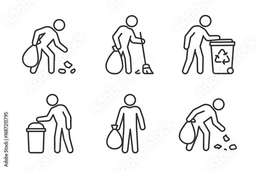 Icon set: stick figures performing waste disposal and recycling activities