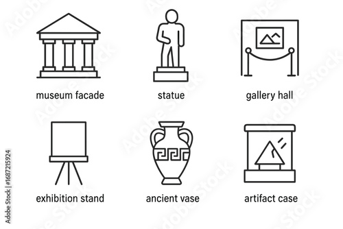 Museum icons set featuring facade, statue, gallery hall, exhibition stand, ancient vase, artifact case
