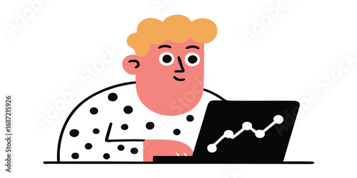 An illustrated individual is absorbed in analyzing data on a laptop, the scene set against a neutral background. The image conveys concepts of analysis, progress, business, data, and online work.