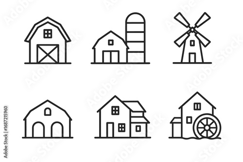 Set of farmhouse icons featuring barn, silo, windmill, and watermill designs