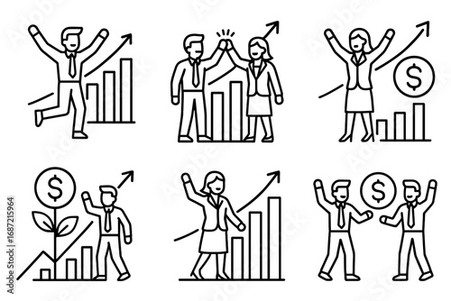Business growth and success icons with business people celebrating achievements