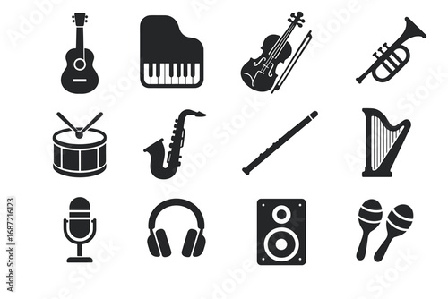 Musical instrument icons: guitar, piano, drum, saxophone, violin, trumpet, flute, harp, microphone