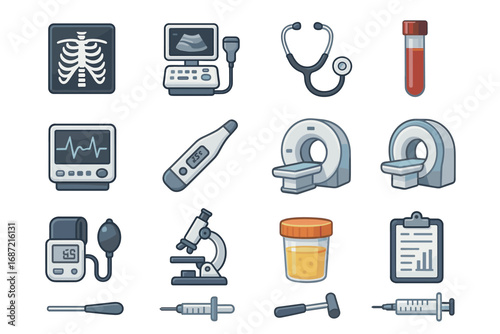 Medical equipment icons set featuring diagnostic, imaging, and lab tools