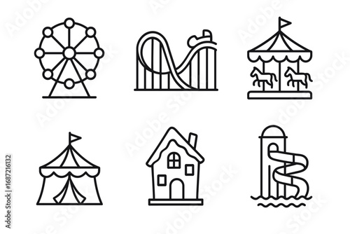 Amusement park line icons: ferris wheel, roller coaster, carousel, tent, house, slide