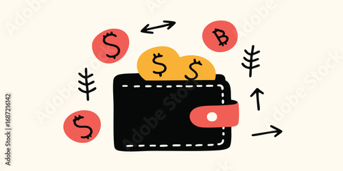 A conceptual illustration of a digital wallet representing financial transactions and the flow of cryptocurrency. Showcasing the dynamics of money transfer in the digital age.