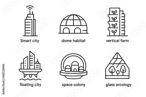 Futuristic architecture icons: smart city, dome habitat, vertical farm, floating city, space colony, glass arcology