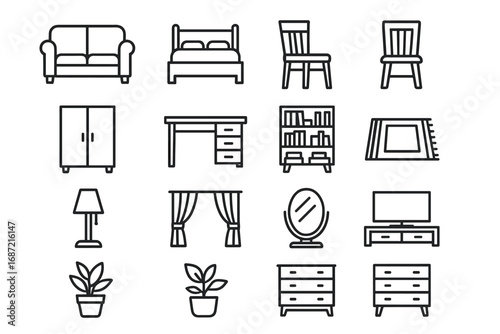 Essential home furniture icons: sofa, bed, chair, wardrobe, desk, bookshelf, carpet, lamp, curtains, mirror, tv stand, plants, dresser