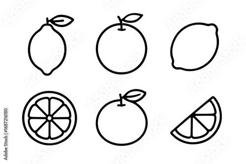 Outline icons of citrus fruits: lemon, orange, and lime in black and white