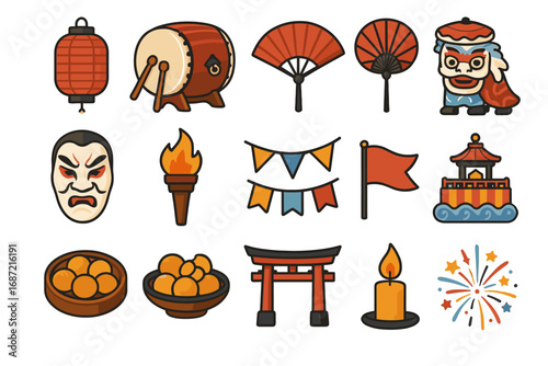Traditional japanese festival icons: lantern, drum, lion dance, mask, torii, fireworks, fans, food
