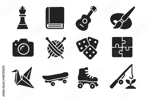 Set of black hobby icons: chess, reading, music, art, photography, crafts, gaming, puzzles, origami, sports, gardening