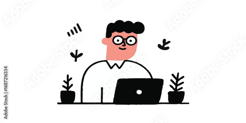 An illustrated person working at laptop computer in an office setting.