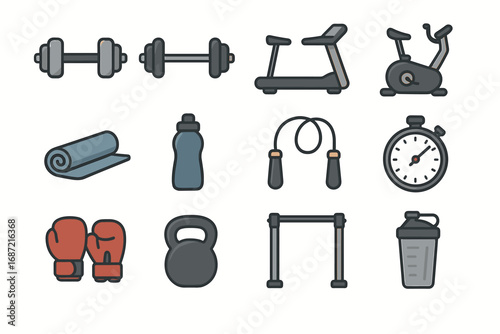 Essential gym equipment icons: dumbbells, treadmill, exercise bike, and more