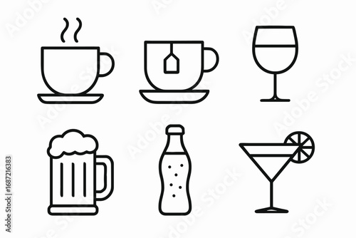 Icon set of beverages: coffee, tea, wine, beer, soda, cocktail