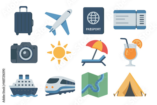 Travel icons set: luggage, airplane, passport, and more for vacation planning