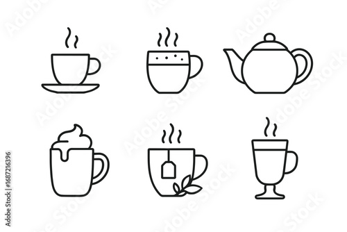 Minimalist line art of various hot beverage cups and teapot icons
