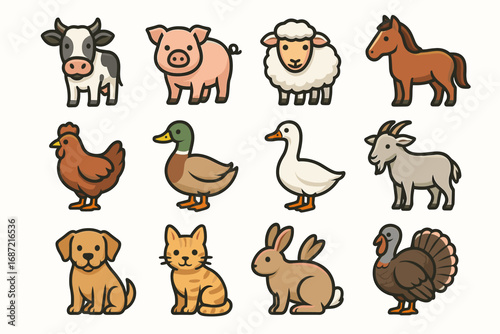 Cute farm animals: cow, pig, sheep, horse, and more illustrated on white background