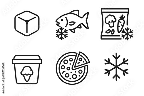 Frozen food icons: fish, vegetables, ice cream, pizza, snowflake symbols