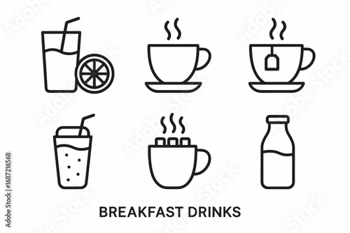 Icon set of breakfast drinks: coffee, tea, juice, milk, hot chocolate