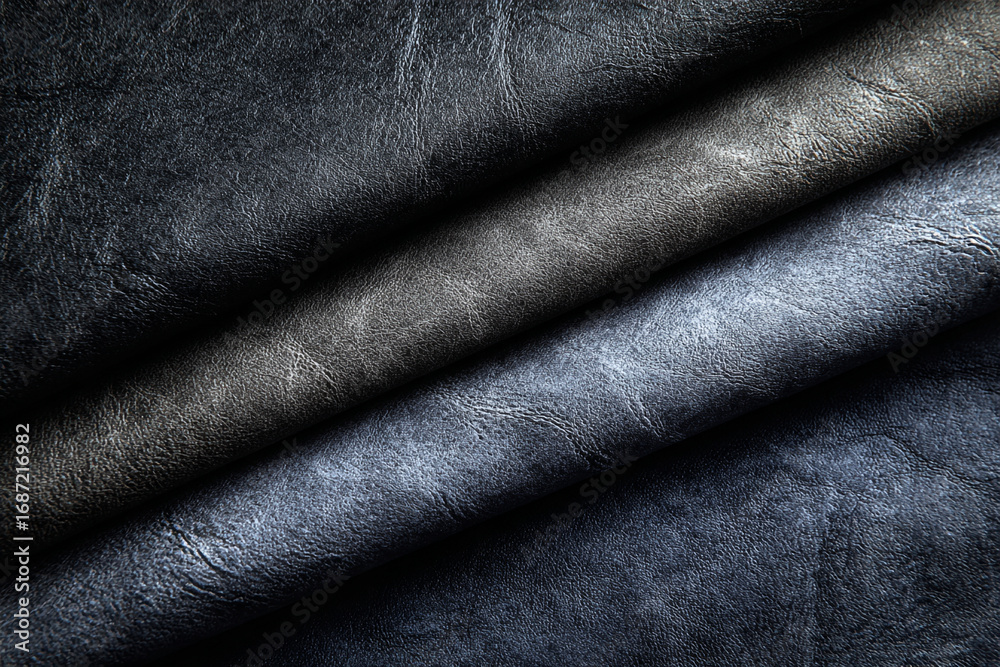 Fototapeta premium Dark gray and blue leather swatches rolled elegantly showcasing texture and color variations
