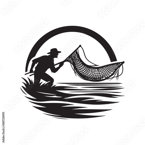 fisherman casting net vector silhouette clip art logo design illustraiton.