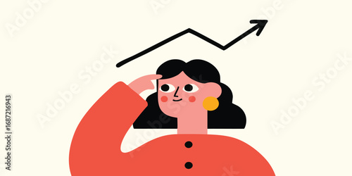 A determined woman visualizes business growth, symbolized by an upward-trending arrow, in a vibrant illustration. This artwork captures ambition and optimism for career and business development.