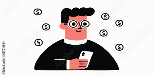 An illustration of a man using a mobile phone while money is circulating around. This visual highlights the concepts of finance, digital currency, and the digital age.