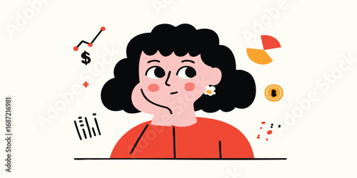 A focused businesswoman, deep in thought, surrounded by business-related illustrations representing strategic planning, analytical thinking and problem solving.