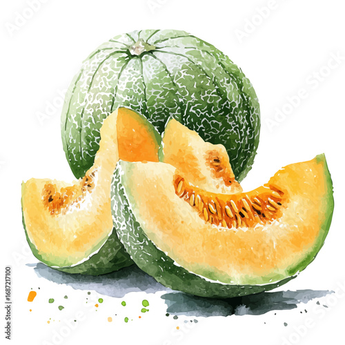 Cantaloupe, watercolor drawing vector, isolated on a white background.