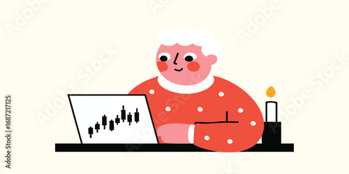 A cartoon illustration of a focused person looking at a stock chart on laptop, alongside a lit candle.