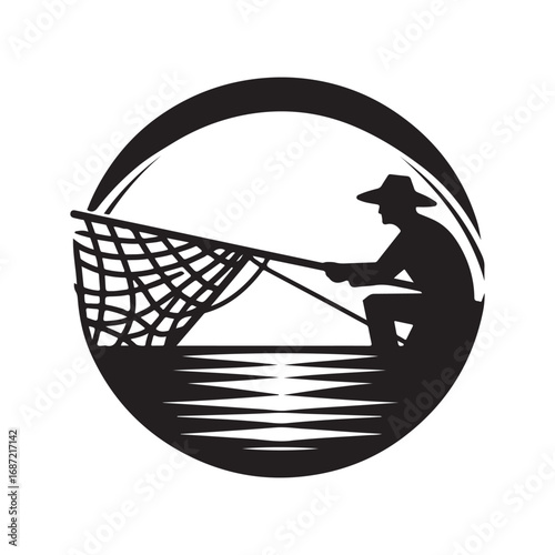 fisherman casting net vector silhouette clip art logo design illustraiton.