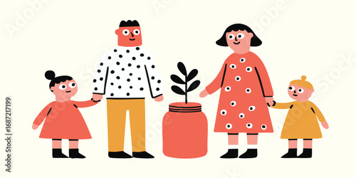 A family stands united, their hands joined in a visual expression of togetherness and love, with a flourishing plant symbolizing growth and shared nurturing.