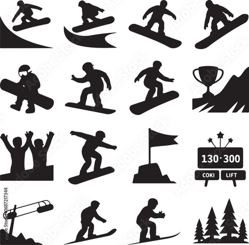 Snowboarding Action And Winter Sports Icons With Snowboarders And Trophy vector