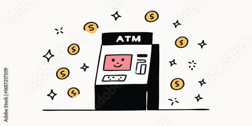 A cartoon style illustration of ATM with a smiling face and cartoon coin symbol.