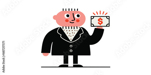 An illustrative businessperson holds up a glowing dollar bill, showcasing wealth and financial security.