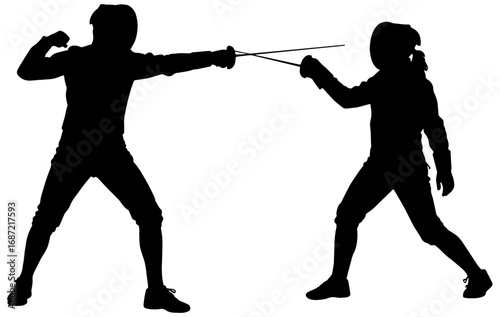 Silhouette of a man and woman fencing, isolated 