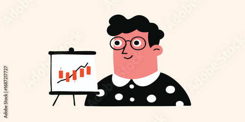 A cheerful businessperson presents a financial chart, embodying expertise and insight in a clean, minimalist illustration.